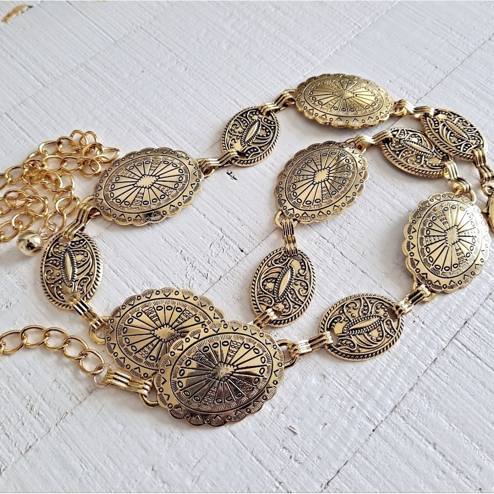 Gold Chain Western Waist Concho Belt Chunky Metal Medallion Boho statement - Picture 12 of 17